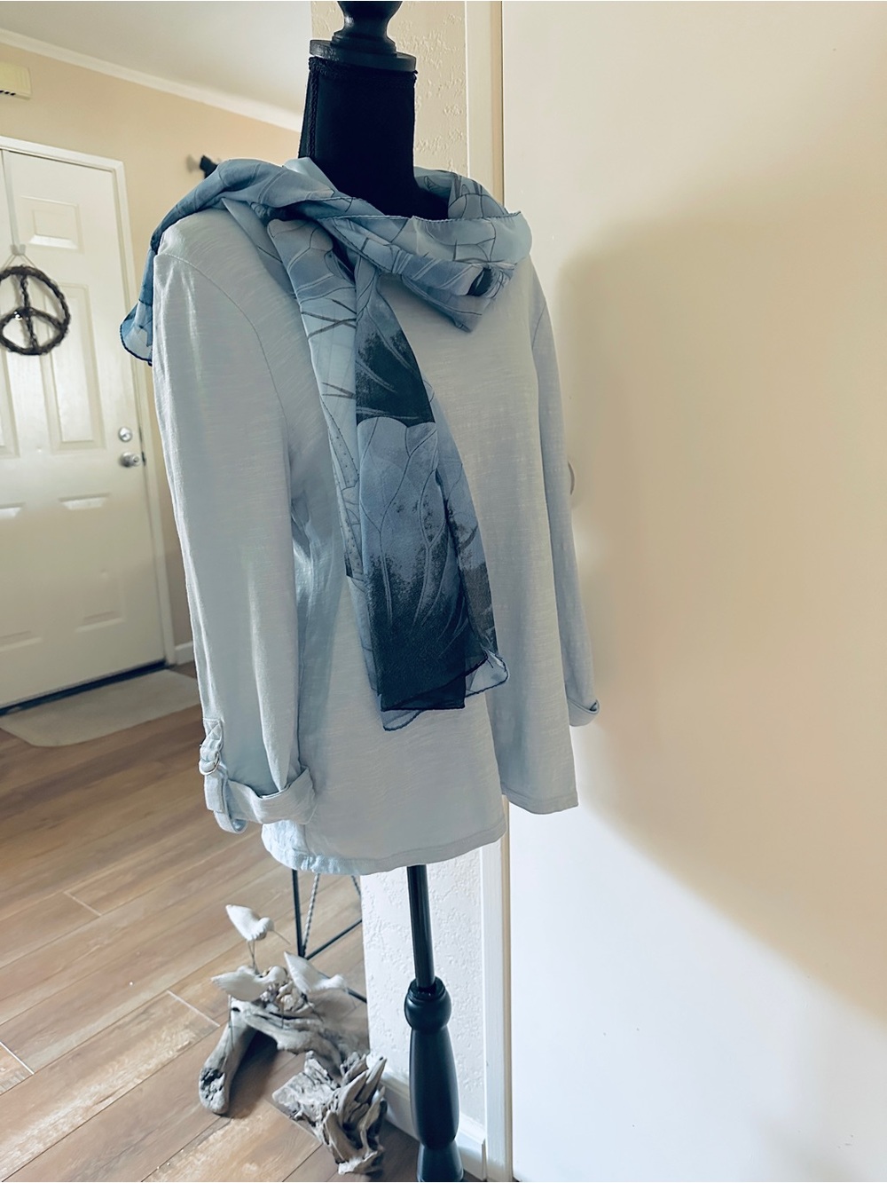 Chico's Blouse- Size Small ( 1) Scoop neck blue- Soft Tee Button Roll Up Cuffs